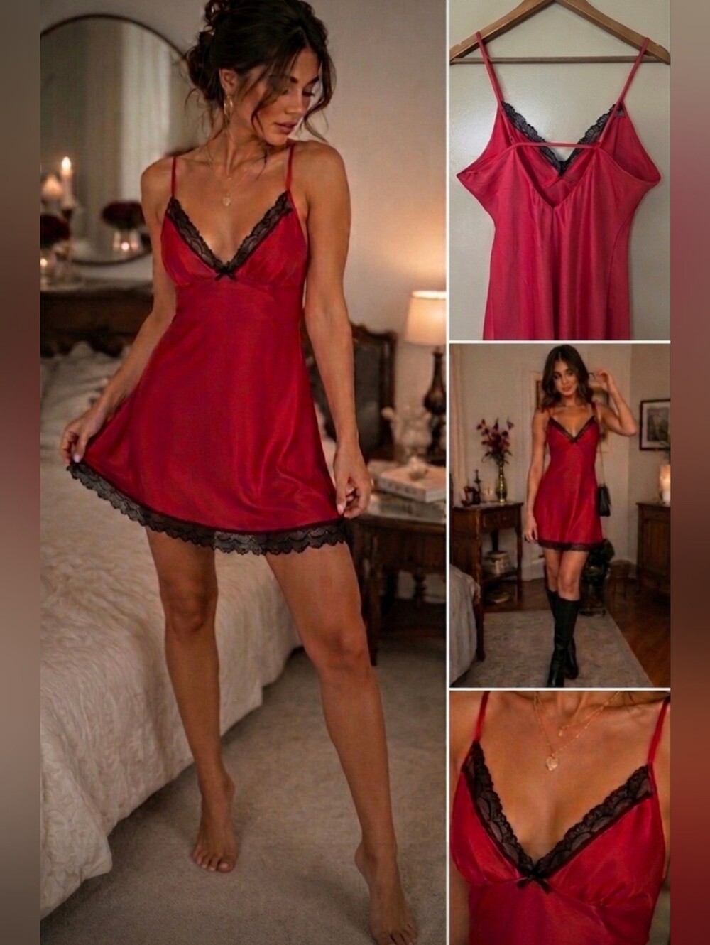 Y2K Satin Mini Slip Dress M Black Lace Low V Back Coquette Going Out Balletcore